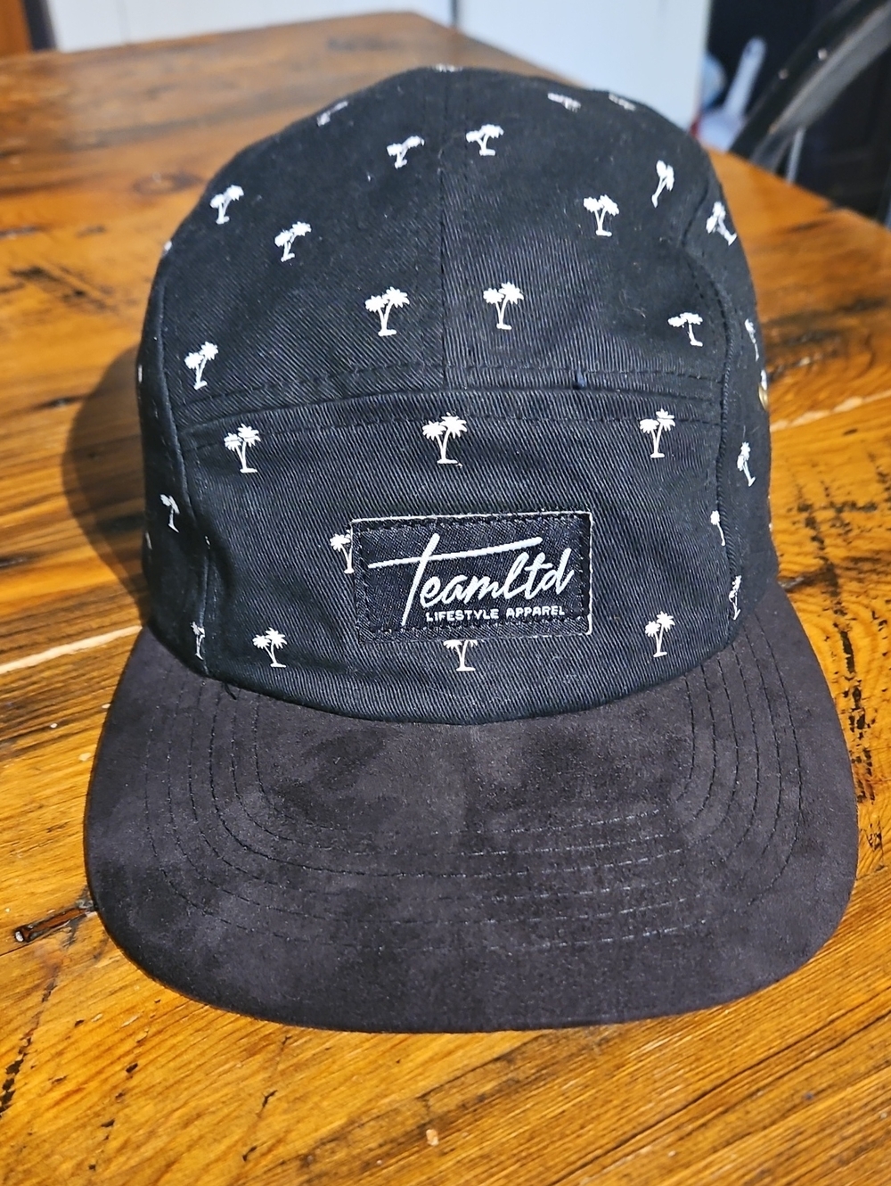 Black Palm-Print Five-Panel Cap with Suede Brim And Leather Back Strap